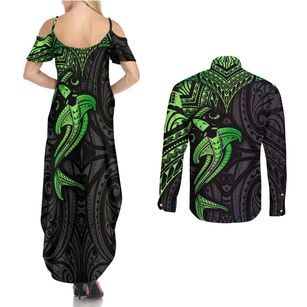 Polynesian Couples Matching Summer Maxi Dress and Long Sleeve Button Shirts Hammerhead Shark Tribal Pattern Black Green Version TS04 - Polynesian Pride