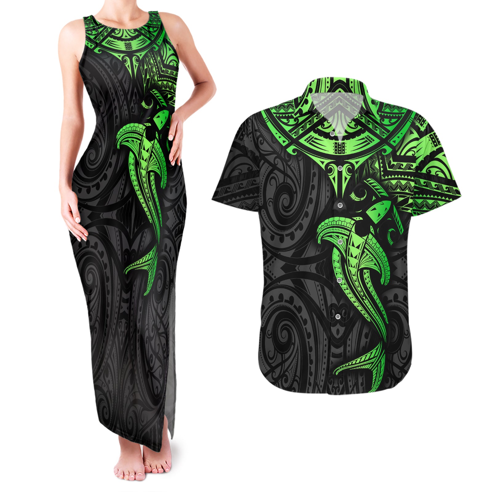 Polynesian Couples Matching Tank Maxi Dress and Hawaiian Shirt Hammerhead Shark Tribal Pattern Black Green Version TS04 Black/Green - Polynesian Pride