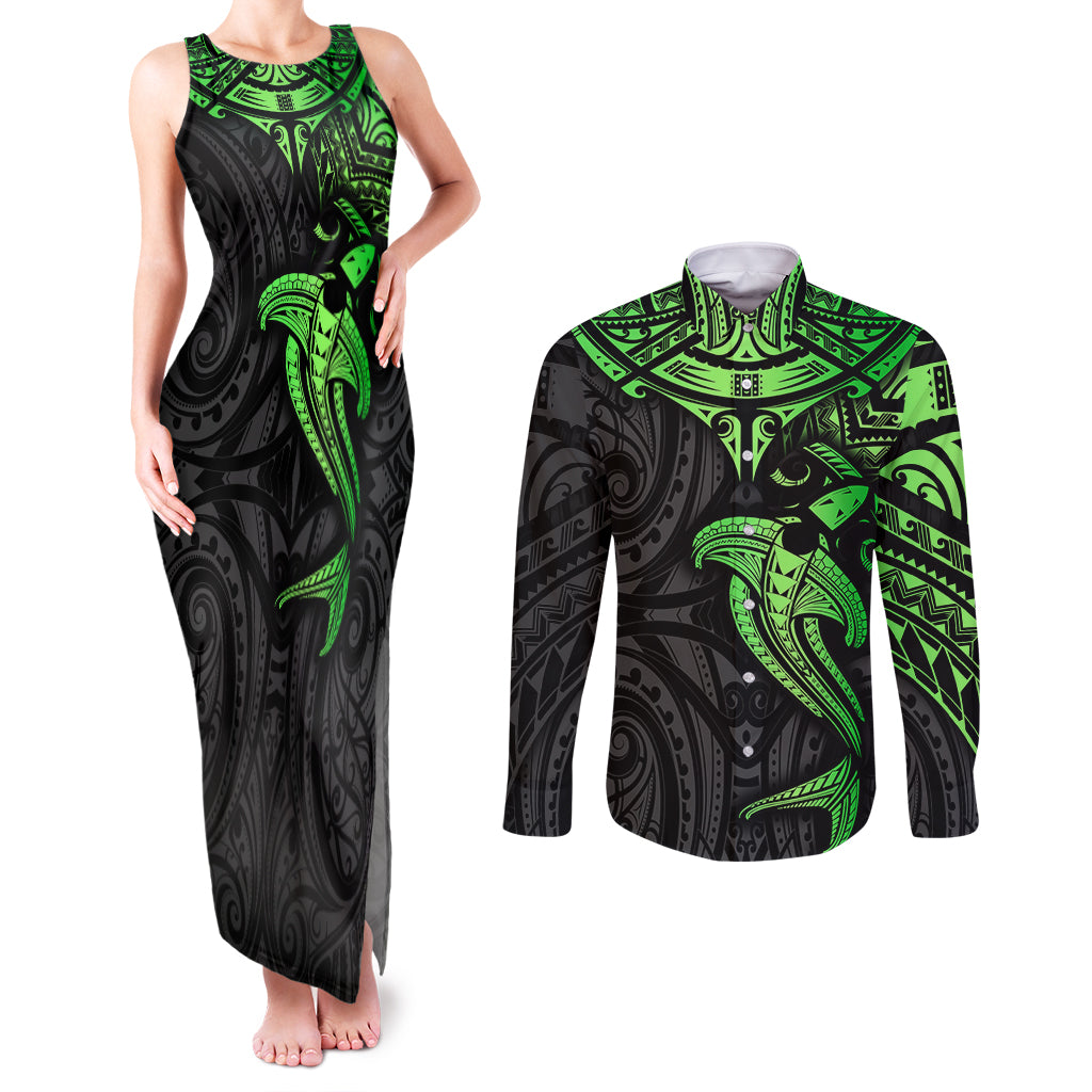 Polynesian Couples Matching Tank Maxi Dress and Long Sleeve Button Shirts Hammerhead Shark Tribal Pattern Black Green Version TS04 Black/Green - Polynesian Pride