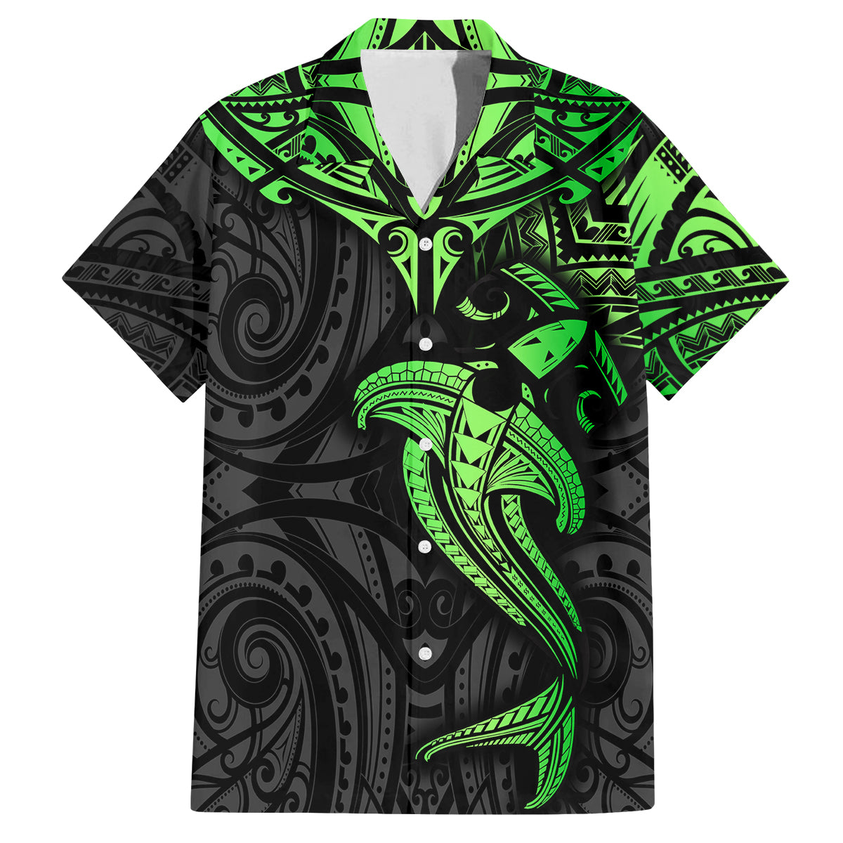 Polynesian Family Matching Long Sleeve Bodycon Dress and Hawaiian Shirt Hammerhead Shark Tribal Pattern Black Green Version TS04 Dad's Shirt - Short Sleeve Black Green - Polynesian Pride