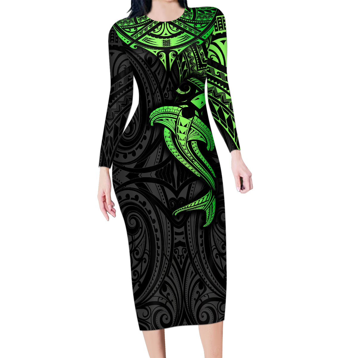Polynesian Family Matching Long Sleeve Bodycon Dress and Hawaiian Shirt Hammerhead Shark Tribal Pattern Black Green Version TS04 Mom's Dress Black Green - Polynesian Pride