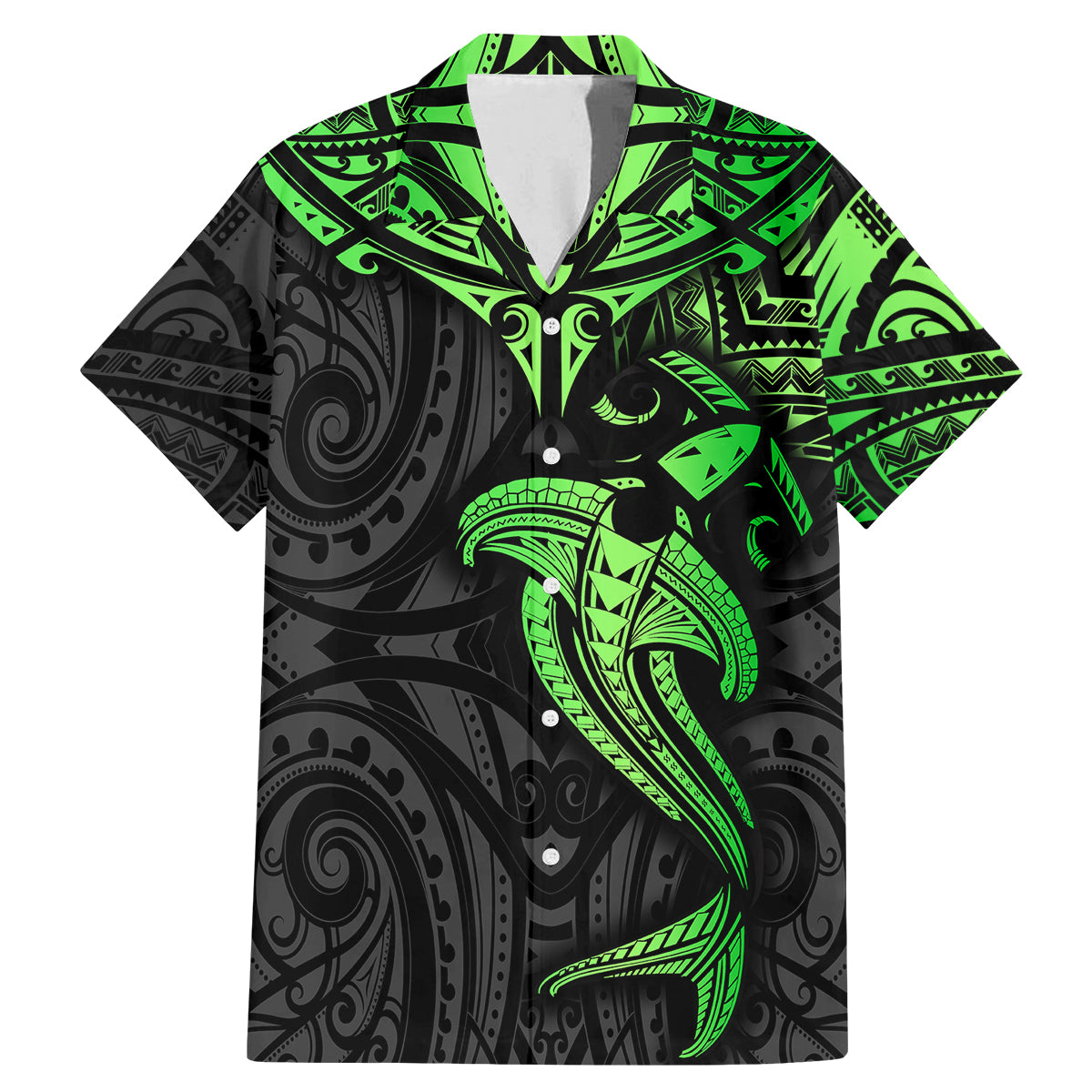 Polynesian Family Matching Mermaid Dress and Hawaiian Shirt Hammerhead Shark Tribal Pattern Black Green Version TS04 Dad's Shirt - Short Sleeve Black Green - Polynesian Pride