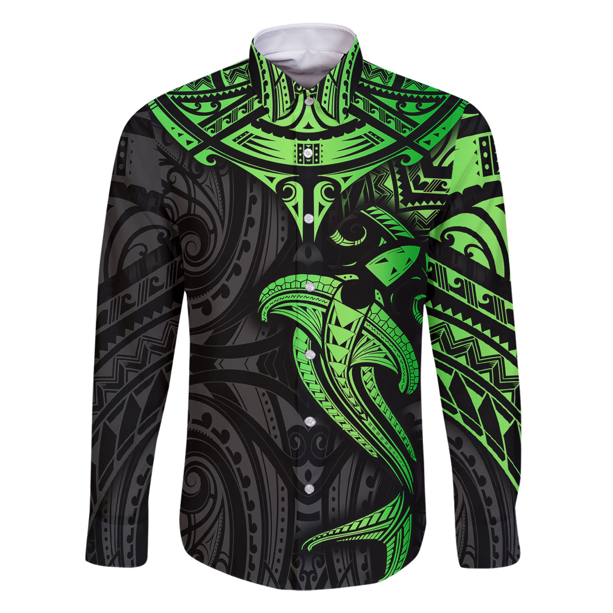 Polynesian Family Matching Mermaid Dress and Hawaiian Shirt Hammerhead Shark Tribal Pattern Black Green Version TS04 Dad's Shirt - Long Sleeve Black Green - Polynesian Pride