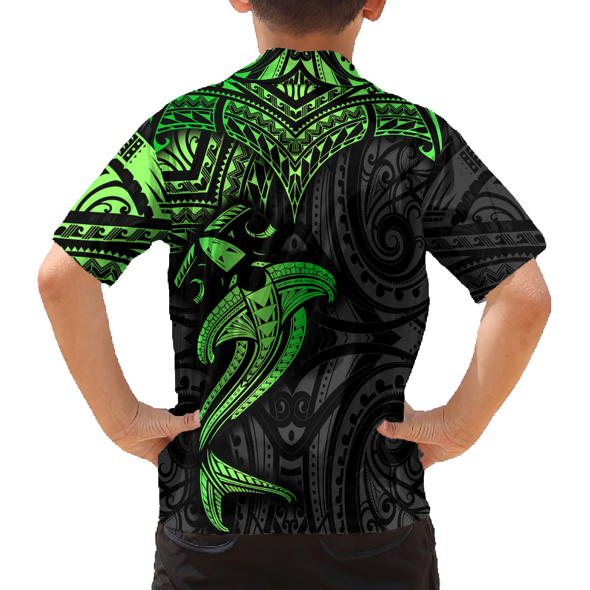 Polynesian Family Matching Off Shoulder Maxi Dress and Hawaiian Shirt Hammerhead Shark Tribal Pattern Black Green Version TS04 - Polynesian Pride