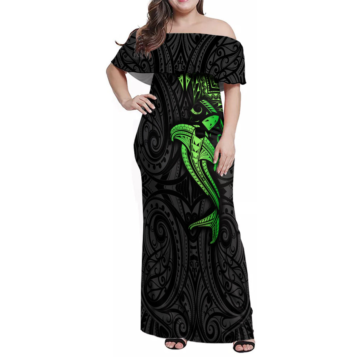 Polynesian Family Matching Off Shoulder Maxi Dress and Hawaiian Shirt Hammerhead Shark Tribal Pattern Black Green Version TS04 Mom's Dress Black Green - Polynesian Pride
