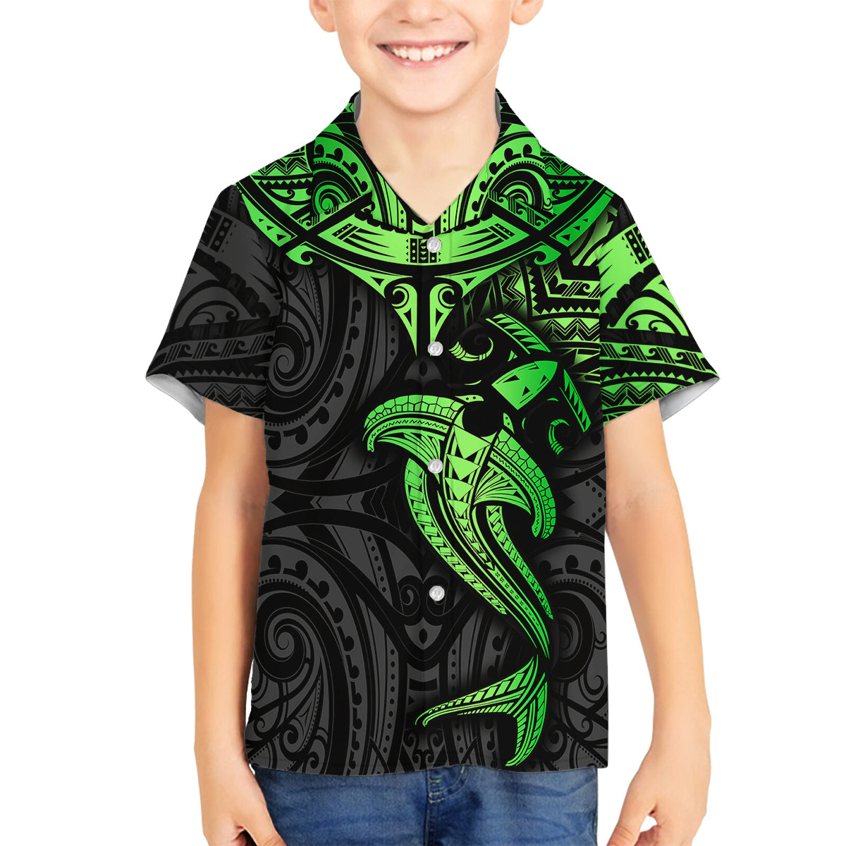 Polynesian Family Matching Off Shoulder Maxi Dress and Hawaiian Shirt Hammerhead Shark Tribal Pattern Black Green Version TS04 Son's Shirt Black Green - Polynesian Pride