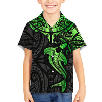 Polynesian Family Matching Off Shoulder Maxi Dress and Hawaiian Shirt Hammerhead Shark Tribal Pattern Black Green Version TS04 Son's Shirt Black Green - Polynesian Pride