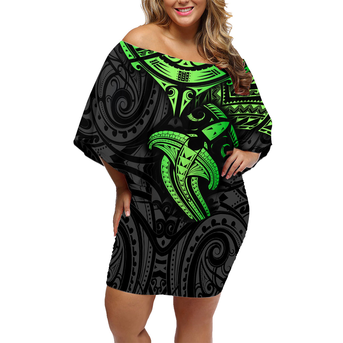 Polynesian Family Matching Off Shoulder Short Dress and Hawaiian Shirt Hammerhead Shark Tribal Pattern Black Green Version TS04 Mom's Dress Black Green - Polynesian Pride