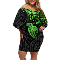 Polynesian Family Matching Off Shoulder Short Dress and Hawaiian Shirt Hammerhead Shark Tribal Pattern Black Green Version TS04 Mom's Dress Black Green - Polynesian Pride