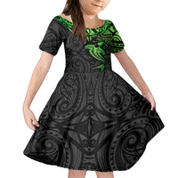 Polynesian Family Matching Puletasi Dress and Hawaiian Shirt Hammerhead Shark Tribal Pattern Black Green Version TS04 Daughter's Dress Black Green - Polynesian Pride