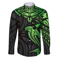Polynesian Family Matching Puletasi Dress and Hawaiian Shirt Hammerhead Shark Tribal Pattern Black Green Version TS04 Dad's Shirt - Long Sleeve Black Green - Polynesian Pride