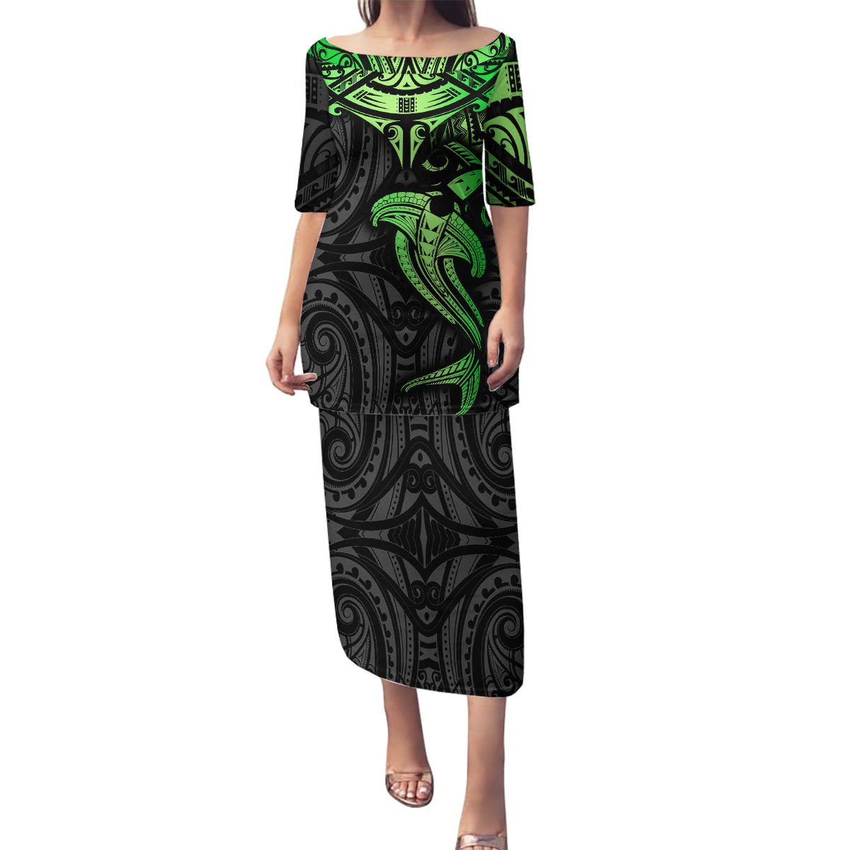 Polynesian Family Matching Puletasi Dress and Hawaiian Shirt Hammerhead Shark Tribal Pattern Black Green Version TS04 Mom's Dress Black Green - Polynesian Pride