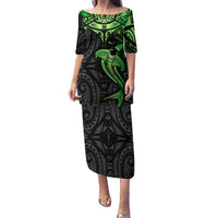 Polynesian Family Matching Puletasi Dress and Hawaiian Shirt Hammerhead Shark Tribal Pattern Black Green Version TS04 Mom's Dress Black Green - Polynesian Pride