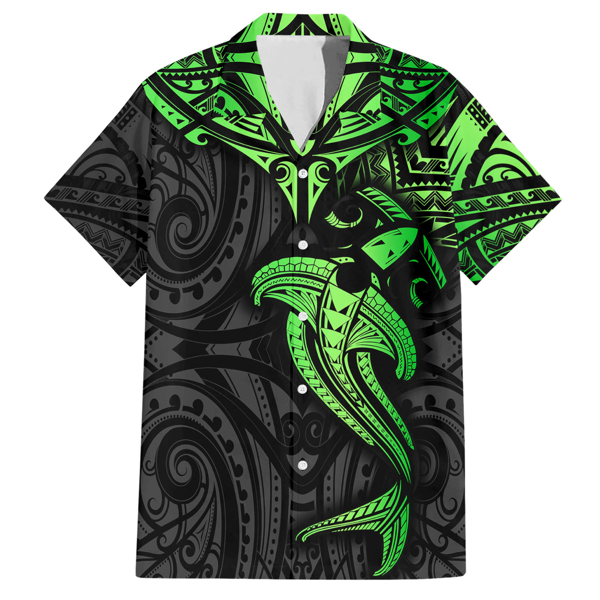 Polynesian Family Matching Short Sleeve Bodycon Dress and Hawaiian Shirt Hammerhead Shark Tribal Pattern Black Green Version TS04 Dad's Shirt - Short Sleeve Black Green - Polynesian Pride