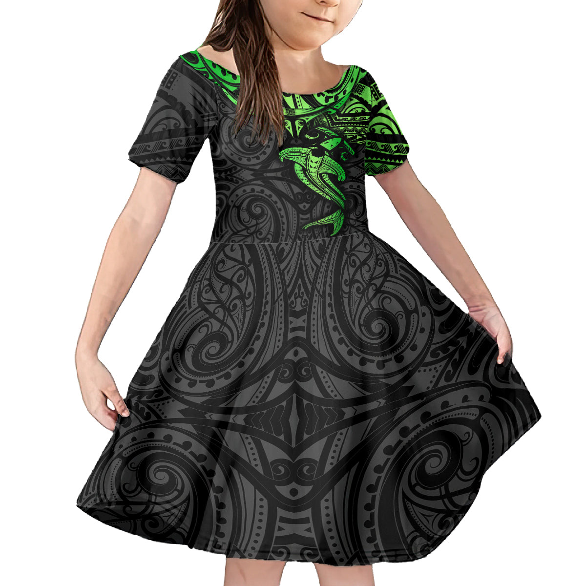 Polynesian Family Matching Summer Maxi Dress and Hawaiian Shirt Hammerhead Shark Tribal Pattern Black Green Version TS04 Daughter's Dress Black Green - Polynesian Pride
