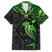 Polynesian Family Matching Summer Maxi Dress and Hawaiian Shirt Hammerhead Shark Tribal Pattern Black Green Version TS04 Dad's Shirt - Short Sleeve Black Green - Polynesian Pride