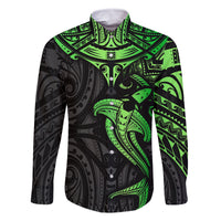 Polynesian Family Matching Summer Maxi Dress and Hawaiian Shirt Hammerhead Shark Tribal Pattern Black Green Version TS04 Dad's Shirt - Long Sleeve Black Green - Polynesian Pride