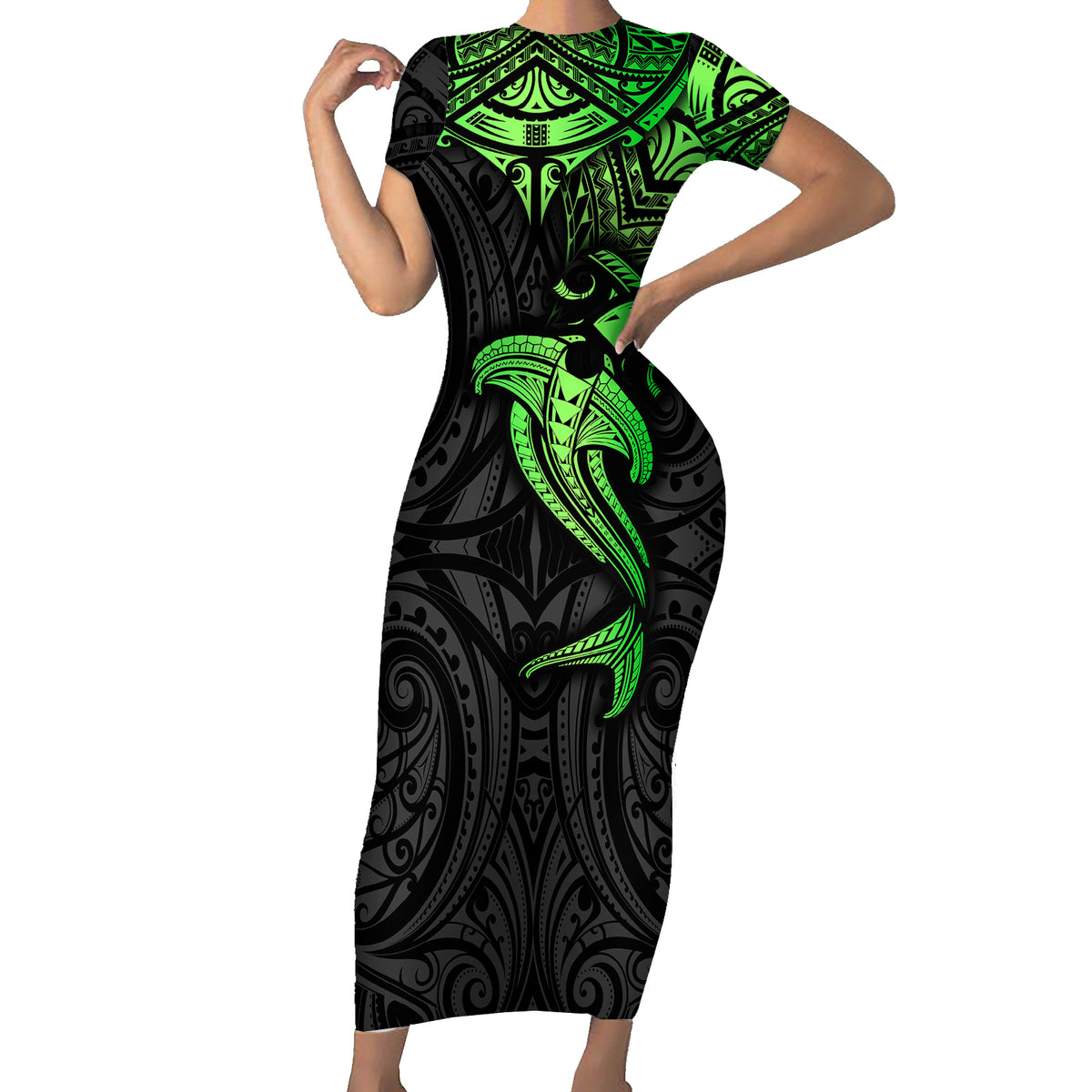 Polynesian Short Sleeve Bodycon Dress Hammerhead Shark Tribal Pattern Black Green Version TS04 Long Dress Black Green - Polynesian Pride