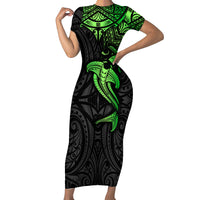 Polynesian Short Sleeve Bodycon Dress Hammerhead Shark Tribal Pattern Black Green Version TS04 Long Dress Black Green - Polynesian Pride