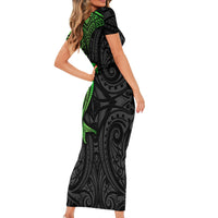 Polynesian Short Sleeve Bodycon Dress Hammerhead Shark Tribal Pattern Black Green Version TS04 - Polynesian Pride