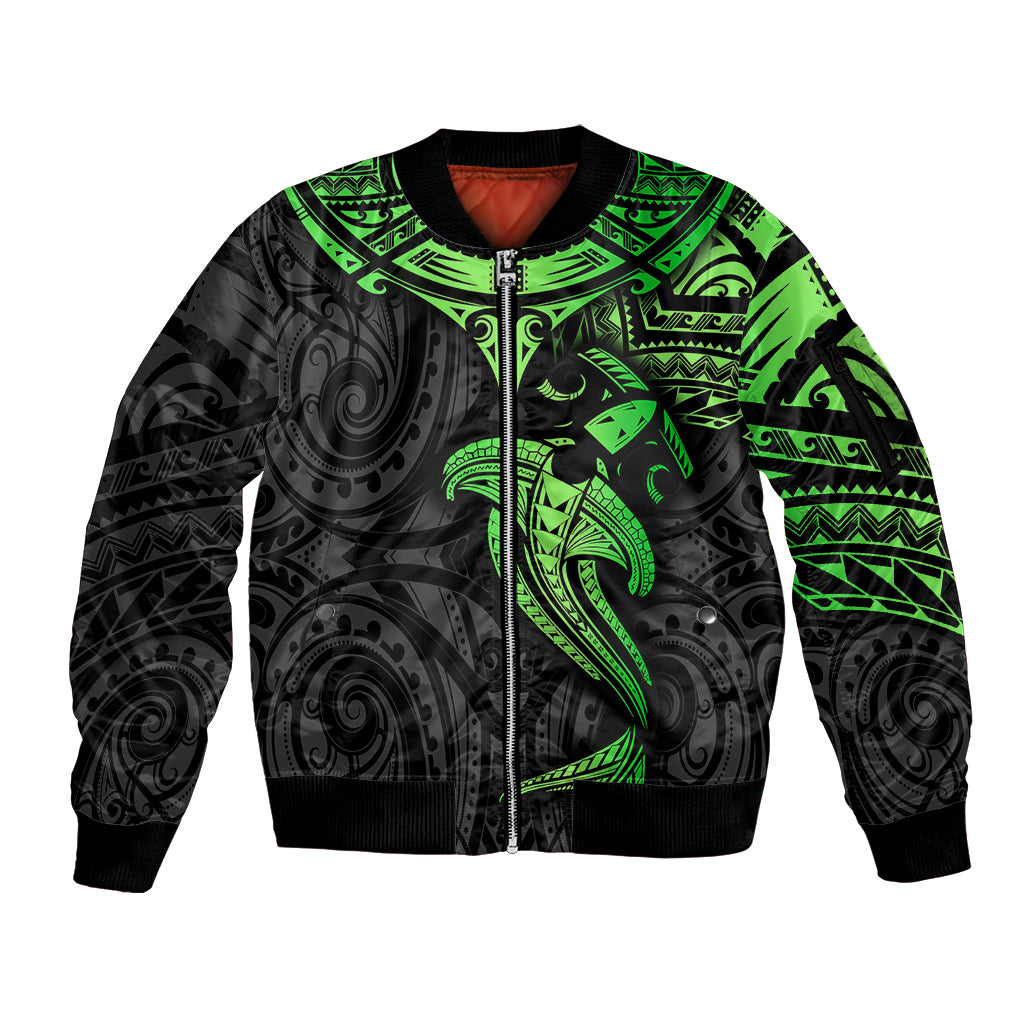 Polynesian Sleeve Zip Bomber Jacket Hammerhead Shark Tribal Pattern Black Green Version TS04 Unisex Black Green - Polynesian Pride