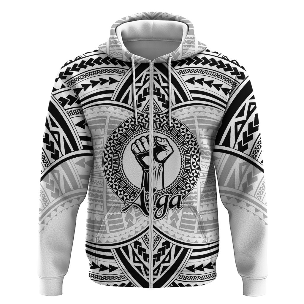 Aiga Samoa Raised Fist Hoodie Polynesian Tribal Tattoo Art Family Pride TS04 Zip Hoodie White Black - Polynesian Pride