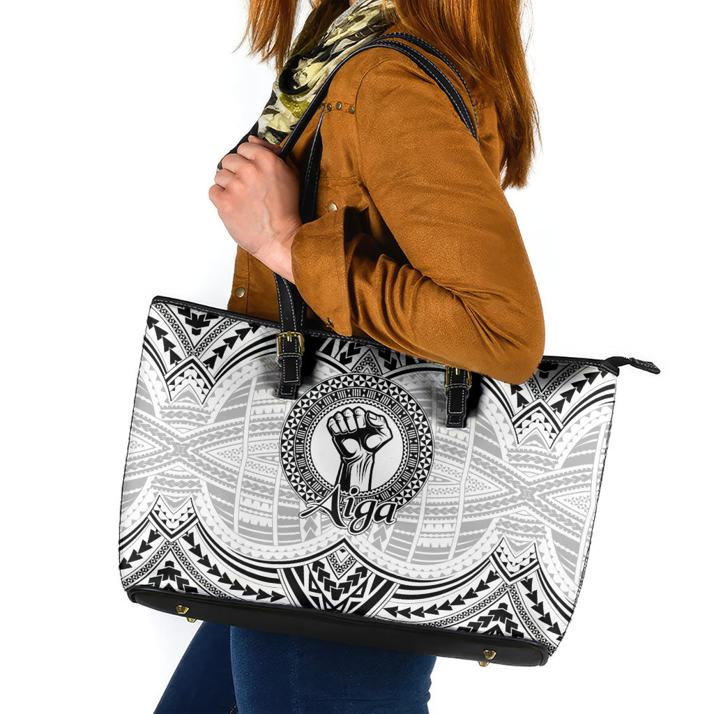 Aiga Samoa Raised Fist Leather Tote Bag Polynesian Tribal Tattoo Art Family Pride TS04 White Black - Polynesian Pride