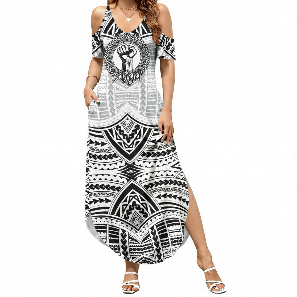 Aiga Samoa Raised Fist Summer Maxi Dress Polynesian Tribal Tattoo Art Family Pride TS04 Women White Black - Polynesian Pride