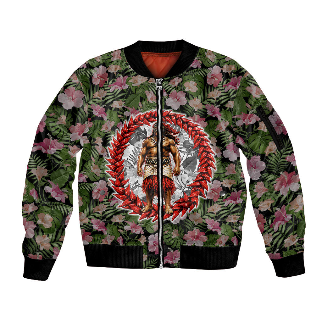 Samoa Aiga Polynesian Sleeve Zip Bomber Jacket Tropical Floral Hibiscus Pattern Island Heritage