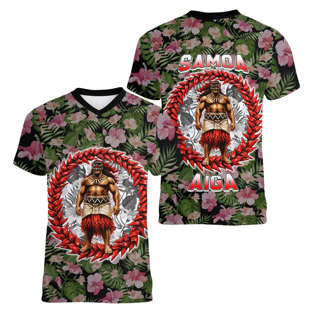 Samoa Aiga Polynesian Women V-Neck T-Shirt Tropical Floral Hibiscus Pattern Island Heritage TS04 - Polynesian Pride
