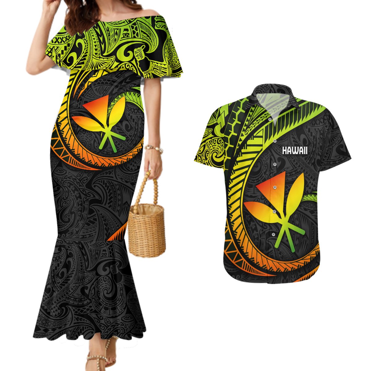 Hawaii Kanaka Maoli Couples Matching Mermaid Dress and Hawaiian Shirt Polynesian Tornado Infusion Gradient TS04 Gradient - Polynesian Pride