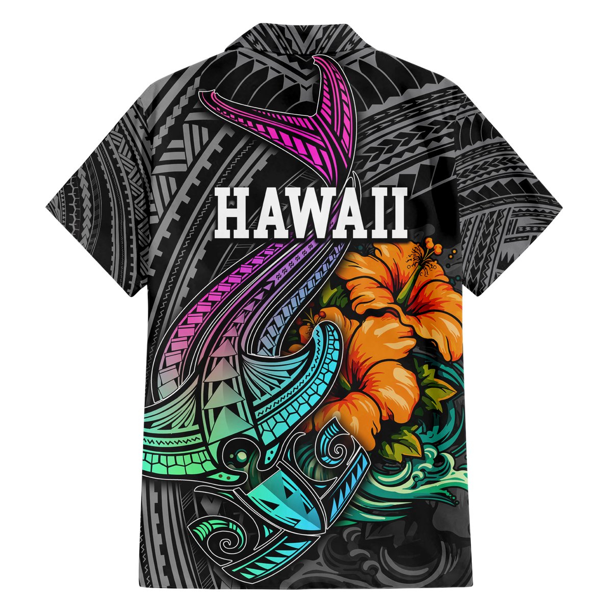 Hawaii Polynesian Hawaiian Shirt with Tribal Hammerhead Sharks and Hibiscus Black TS04 - Polynesian Pride