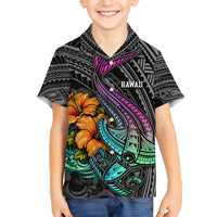 Hawaii Polynesian Kid Hawaiian Shirt with Tribal Hammerhead Sharks and Hibiscus Black TS04 Kid Black - Polynesian Pride