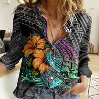 Hawaii Polynesian Women Casual Shirt with Tribal Hammerhead Sharks and Hibiscus Black TS04 Female Black - Polynesian Pride