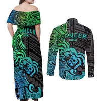 Zodiac Cancer Couples Matching Off Shoulder Maxi Dress and Long Sleeve Button Shirts Polynesian in Gradient Blue TS04 - Polynesian Pride
