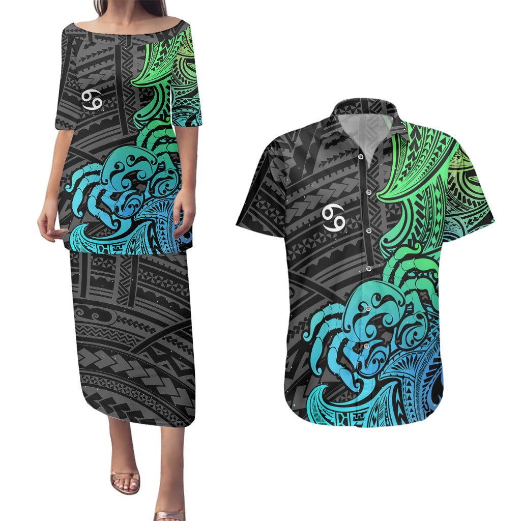 Zodiac Cancer Couples Matching Puletasi Dress and Hawaiian Shirt Polynesian in Gradient Blue TS04 Gradient Blue - Polynesian Pride