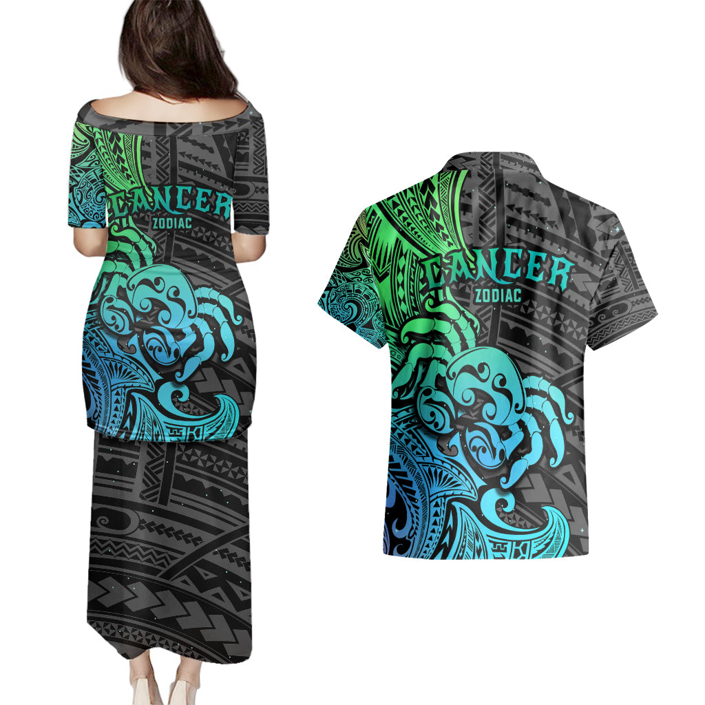 Zodiac Cancer Couples Matching Puletasi Dress and Hawaiian Shirt Polynesian in Gradient Blue TS04 - Polynesian Pride