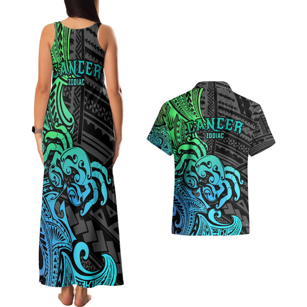 Zodiac Cancer Couples Matching Tank Maxi Dress and Hawaiian Shirt Polynesian in Gradient Blue TS04 - Polynesian Pride