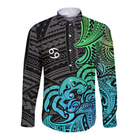 Zodiac Cancer Long Sleeve Button Shirt Polynesian in Gradient Blue TS04 Unisex Gradient Blue - Polynesian Pride