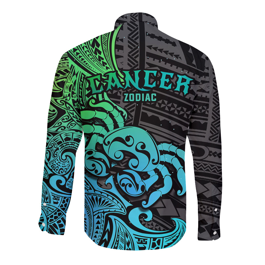 Zodiac Cancer Long Sleeve Button Shirt Polynesian in Gradient Blue TS04 - Polynesian Pride