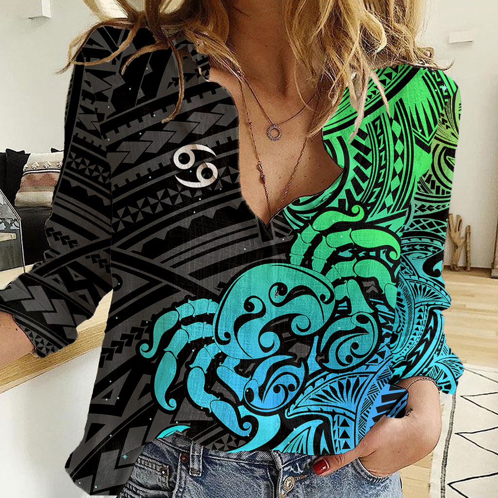 Zodiac Cancer Women Casual Shirt Polynesian in Gradient Blue TS04 Female Gradient Blue - Polynesian Pride