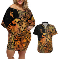 Zodiac Scorpio Couples Matching Off Shoulder Short Dress and Hawaiian Shirt Polynesian in Orange TS04 Orange - Polynesian Pride