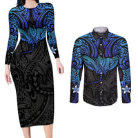 Polynesian Ray Pattern Couples Matching Long Sleeve Bodycon Dress and Long Sleeve Button Shirt TS04 Black/Blue - Polynesian Pride