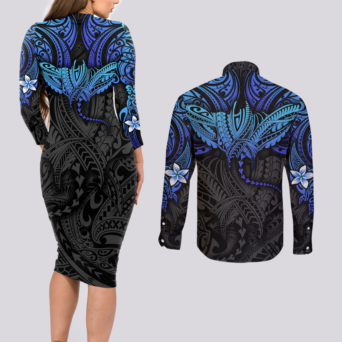 Polynesian Ray Pattern Couples Matching Long Sleeve Bodycon Dress and Long Sleeve Button Shirt TS04 - Polynesian Pride