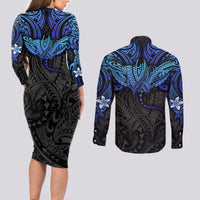 Polynesian Ray Pattern Couples Matching Long Sleeve Bodycon Dress and Long Sleeve Button Shirt TS04 - Polynesian Pride