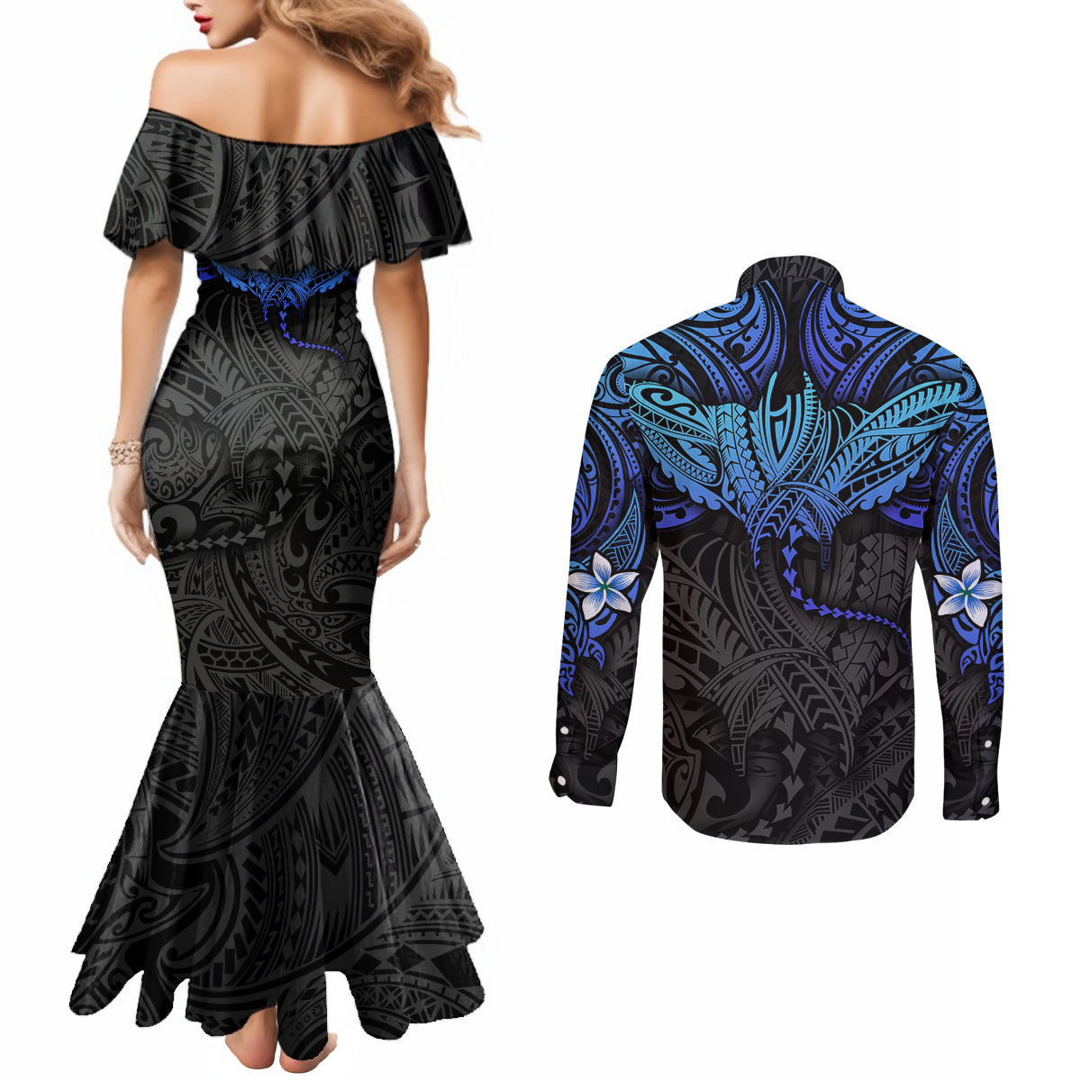 Polynesian Ray Pattern Couples Matching Mermaid Dress and Long Sleeve Button Shirt TS04 - Polynesian Pride