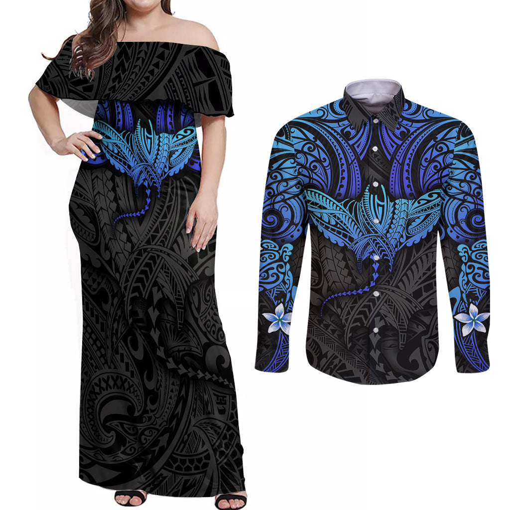 Polynesian Ray Pattern Couples Matching Off Shoulder Maxi Dress and Long Sleeve Button Shirt TS04 Black/Blue - Polynesian Pride