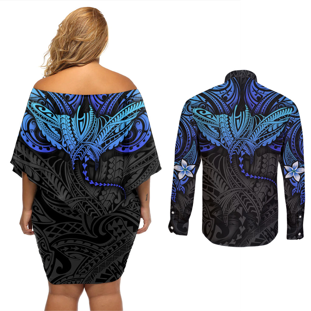 Polynesian Ray Pattern Couples Matching Off Shoulder Short Dress and Long Sleeve Button Shirt TS04 - Polynesian Pride