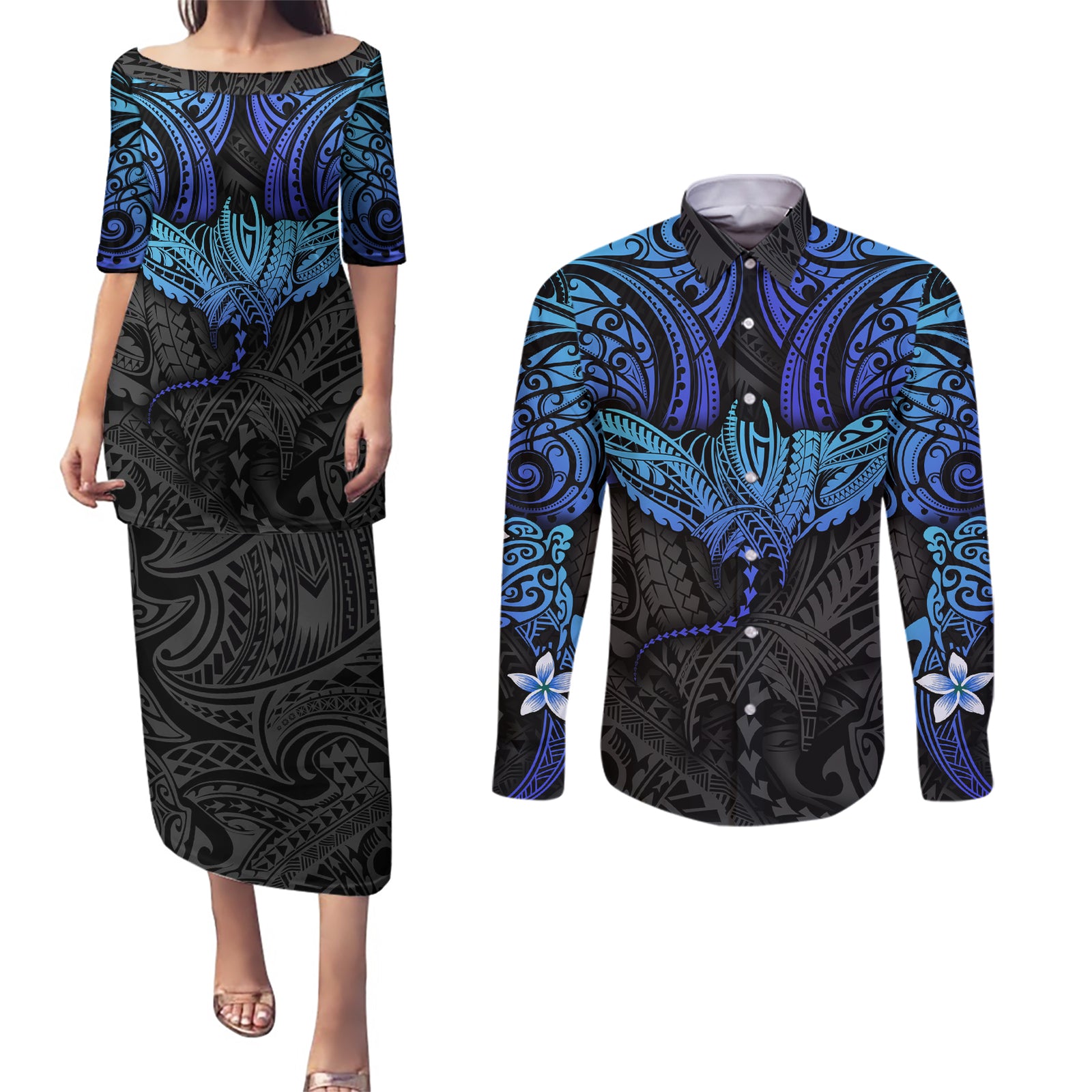Polynesian Ray Pattern Couples Matching Puletasi Dress and Long Sleeve Button Shirt TS04 Black/Blue - Polynesian Pride