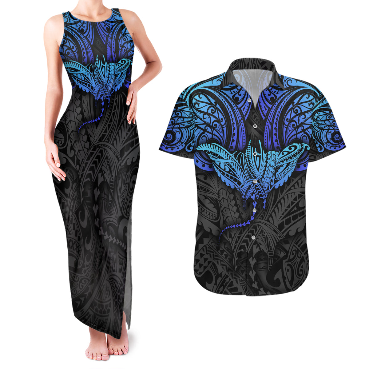 Polynesian Ray Pattern Couples Matching Tank Maxi Dress and Hawaiian Shirt TS04 Black/Blue - Polynesian Pride